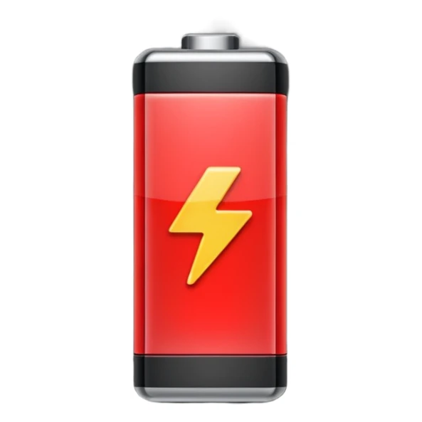iPhone-style emoji of a battery that is almost empty, with a small red bar at the end indicating low energy. Clean, minimal, glossy look, transparent background. sticker