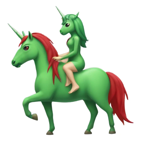 four-legged green unicorn white. a red amazon alien woman, on a unicorn sticker