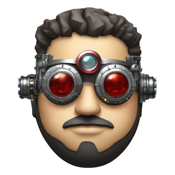 Fat cyborg head with red silver steampunk goggles, black beard and circuits sticker