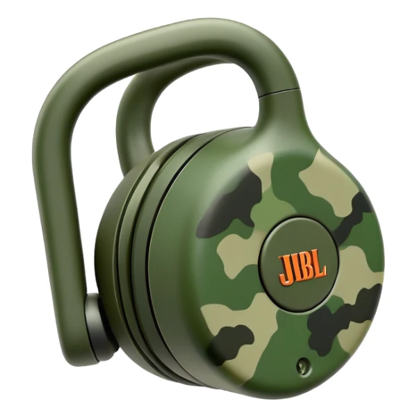 Ultra minimal JBL Clip 4, extremely simplified shape with just a hint of green camouflage, iOS emoji style sticker