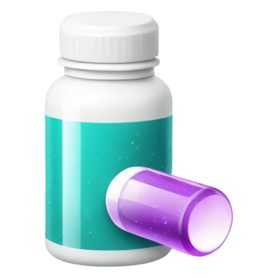 white pill bottle with teal medicine capsule, sparkles and texture light purple sticker