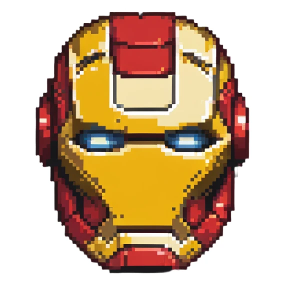 Iron Man face helmet in pixel art style, red and gold superhero mask sticker