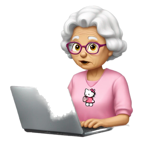 Old lady wearing a hello kitty shirt trying to work a PC sticker