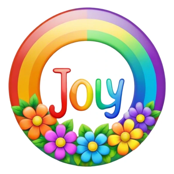 A round psychedelic colored button that says joy with rainbow colored hippie style flowers sticker