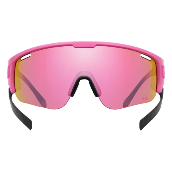 sporty pink shield visor sunglasses with thick frame with carbon fiber appearance, lightweight yet chunky design, substantial build, one-piece lens with hydrophobic coating sticker