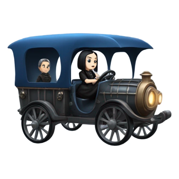 Wednesday Addams driving a blue and pewter steampunk electric wagon sticker