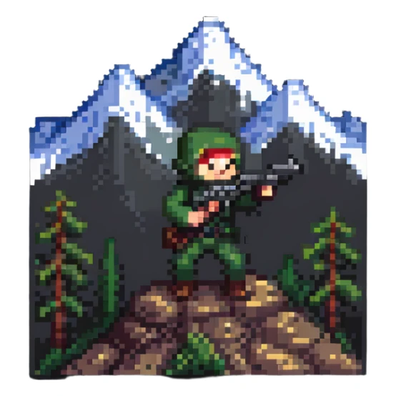 Small pixelated character with a gun shooting at a mountain with enemies sticker