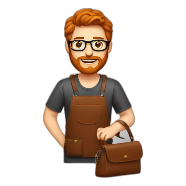 Red smooth haired man with beard and glasses sewing a leather bag by hand sticker