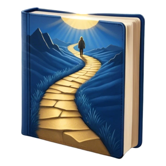 A deep blue-to-golden sunrise book with a textured, aged cover, featuring a lone figure on a path, a ray of light, or a tree with deep roots, radiating hope, purpose, and the power of finding meaning in adversity. sticker