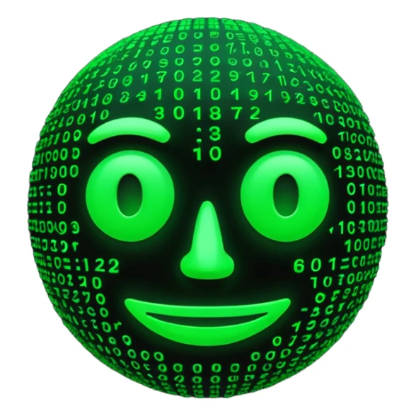 Futuristic 3D emoji made of glowing green Matrix code, digital rain background, cyberpunk neon glow, dark black backdrop, minimalist rounded face, high contrast, cinematic lighting, ultra-sharp, high resolution. sticker