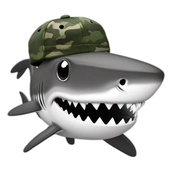 cartoon shark standing with a camouflage cap on its head,black and white sticker