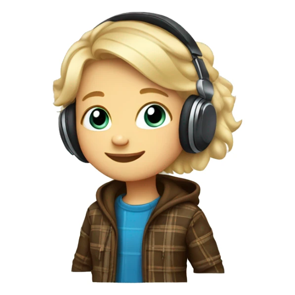 plaid brown jacket on Cubby, blonde, little kid with blue eyes and has headphones on sticker