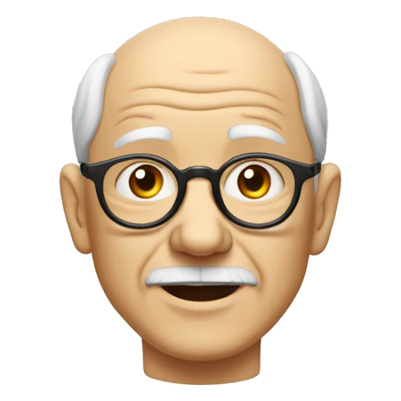old white man with glasses, wrinkly face, wireless earbuds, round head, balding sticker
