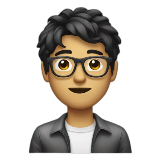 Designer with black hair and glasses throwing up sticker
