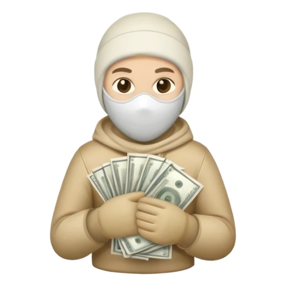 Ski mask holding money bag with black skin color white sticker