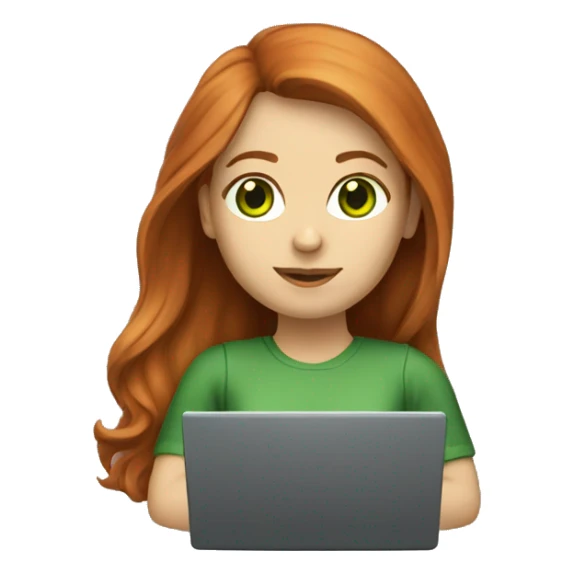 Female coder featuring a laptop. She has long reddish hair, green eyes, white skin. sticker