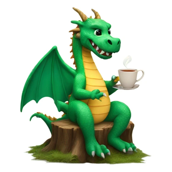 smiling dragon sitting on a stump enjoying a cup of tea and a biscuit sticker