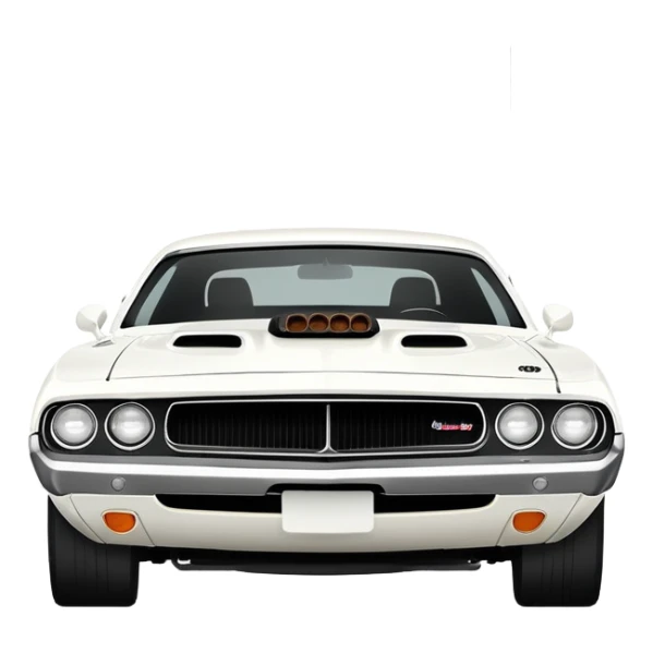 All-white 1971 Dodge Challenger from Tarantino's Death Proof, stylized iOS emoji look, clean white finish, iconic muscle car silhouette, simplified details sticker