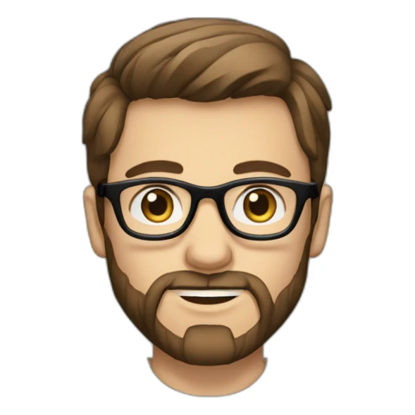 handsome guy with straight long brown hair and blue eyes and transparent glasses and with beard and wears black tshirt sticker