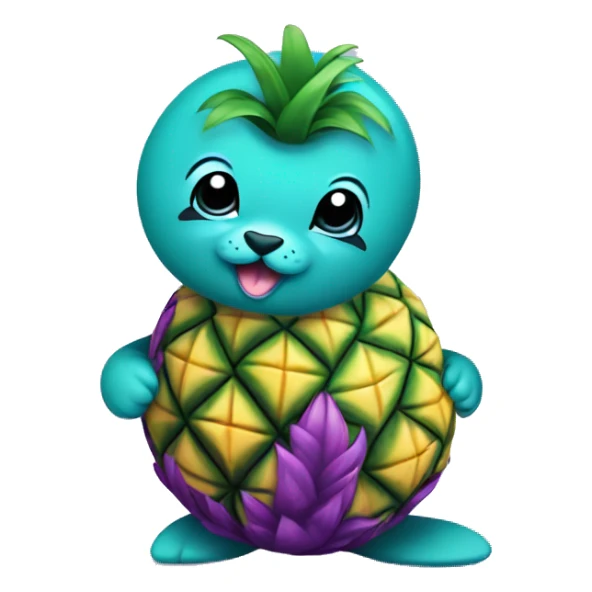 teal-colored seal holding a purple-colored pineapple sticker
