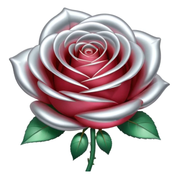 A rose emoji made of liquid silver metal, smooth metallic petals, reflective chrome surface, soft gradients, elegant shape, minimalistic iOS emoji style, centered, clean white background, realistic highlights, no text sticker