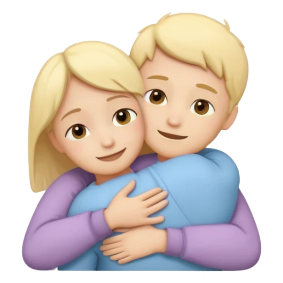 two simplified human characters hugging each other warmly, showing emotional support and friendship, gentle smiles, calm and safe mood, flat custom emoji sticker, soft pastel colors, rounded shapes, minimal details, mental health theme, thick outline, white background, no text sticker