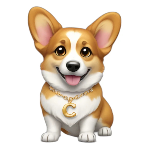 Corgi with gold ear rings and necklace with letter "C" sticker