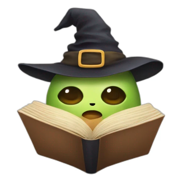 Tofu and avocado reading a book with a witch hat sticker