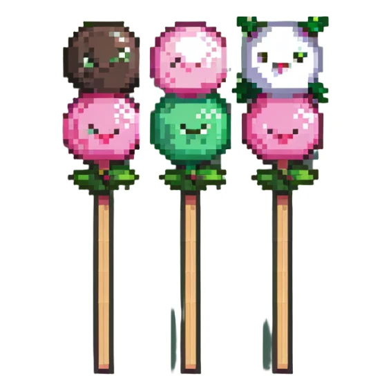 Pixel art Japanese dango skewer with three colorful rice balls in pink, white, and green colors sticker