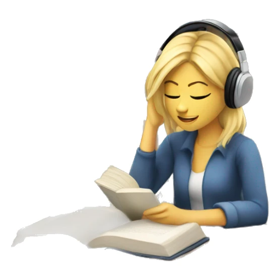Blonde woman with headphones Studying in library looking at book  sticker