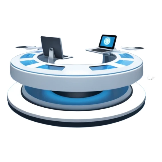 A futuristic workspace powered by an arc reactor, glowing blue and white, with holographic screens displaying creative content. Dynamic, high-tech, and inspired by Iron Man. sticker