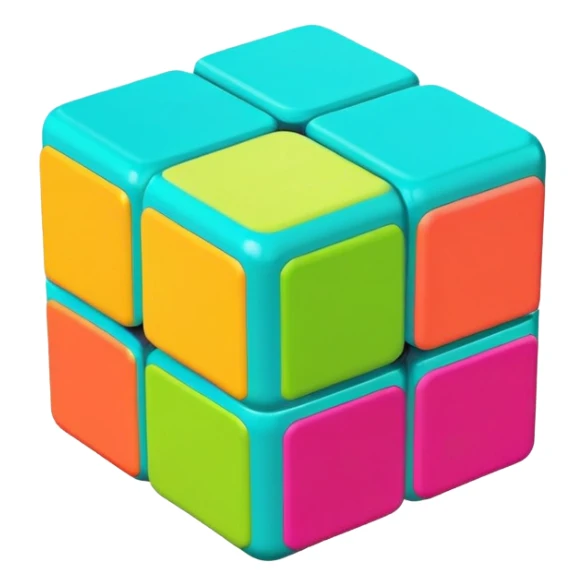 A 3x3 Rubik's Cube with vibrant tropical colors: bright turquoise, hot magenta, lime green, sunshine yellow, coral orange, vibrant aqua, minimalist iOS emoji style sticker