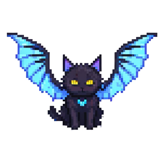 black cat with blue bat wings and glowing yellow eyes sticker