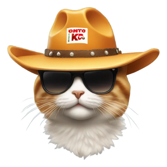 A cat with a cowboy hat, KFC Cool, sunglasses walking away from a fire with a hat sticker