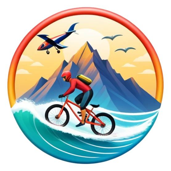 A bold, dynamic emblem combining elements of extreme sports like a mountain, a bike, surfing, ocean and a parachute, all within a circular or shield-like shape. The design conveys speed, adventure, with sharp lines and vibrant colors representing the thrill and intensity of extreme sports. sticker