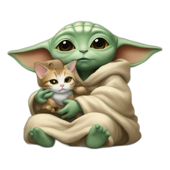 baby yoda with calico cat sitting on lap sticker