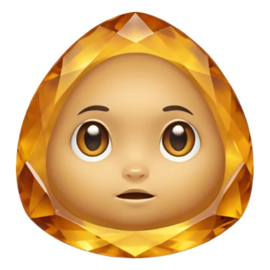Single gemstone rock character, warm golden citrine, squat and heavy like a rock, with carved facets and tiny surface imperfections, cute round eyes  sticker