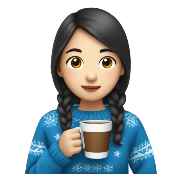 Asian girl drinking coffee wearing blue Christmas sweater sticker