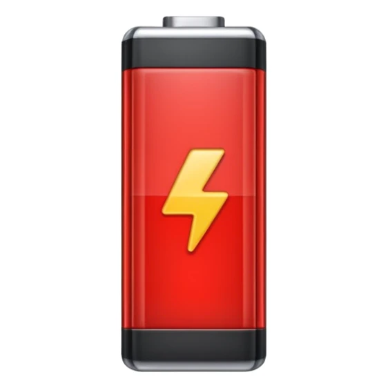 iPhone-style emoji of a battery that is almost empty, with a small red bar at the end indicating low energy. Clean, minimal, glossy look, transparent background. sticker
