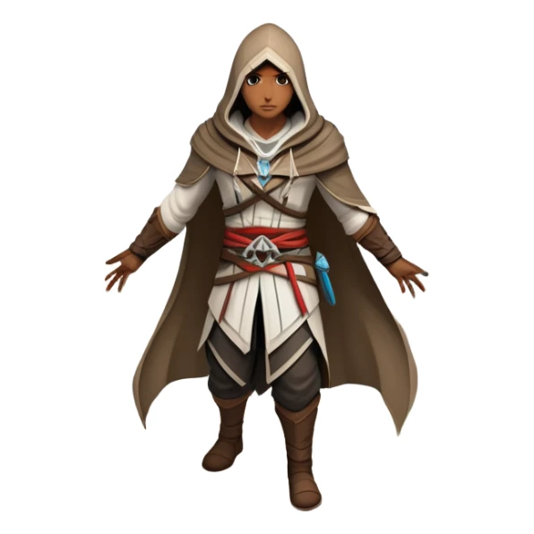 An icon representing an adventure game, inspired by Assassin's Creed. The design features a heroic character in hooded attire, scaling a tall building in a historical cityscape. The background shows ancient architecture and hidden symbols, symbolizing exploration and stealth. Transparent background  sticker