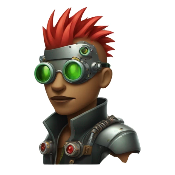 Male cyborg with thin red Mohawk and green steampunk goggles sticker