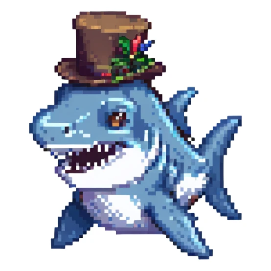 A pixel art style image of a shark wearing a top hat. sticker