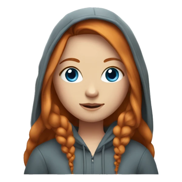 Girl with long ginger hair with a middle part, blue eyes and long eyelashes wearing a hoodie sticker