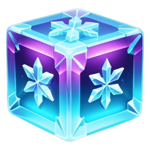 glowing ice crystal cube, icy neon cyan highlights, purple neon accents, dark background, digital tech style. sticker