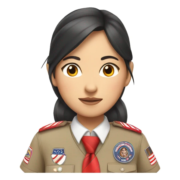 asian scout girl with badges, red and white stripes tie sticker