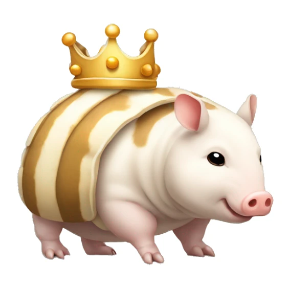Beige and white piebald chubby round armadillo pig panda centipede armadillo wearing a crown sticker