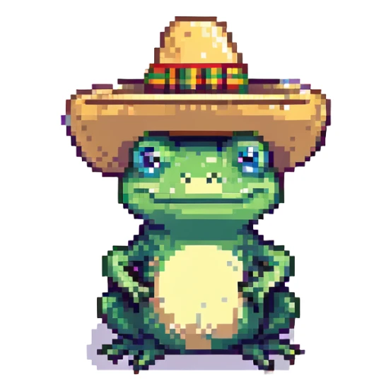 Mexican frog with a sombrero, pixel art style sticker
