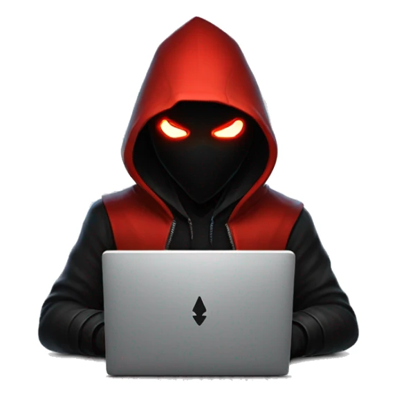 developer behind his laptop with this style : Riot Games Valorant black red glowing bright red character red black hooded assassin themed character sticker