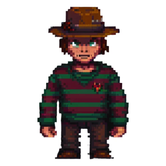 Freddy Krueger in pixel art style, menacing pose, classic striped sweater sticker