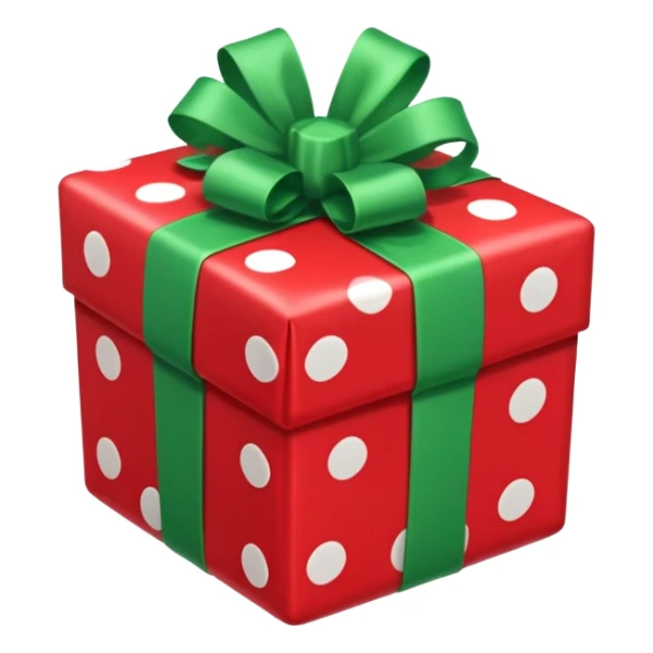 A red gift tied with a green ribbon in a white polka dot, sticker